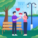 A man gives flowers to woman in a beautiful city park